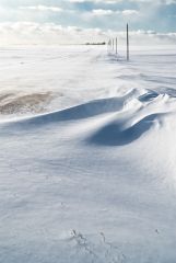 Snowy, windy, cold road, central Alberta